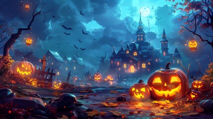 Spooky Halloween Night with Jack o' Lanterns, Haunted Mansion, and Flying Bats