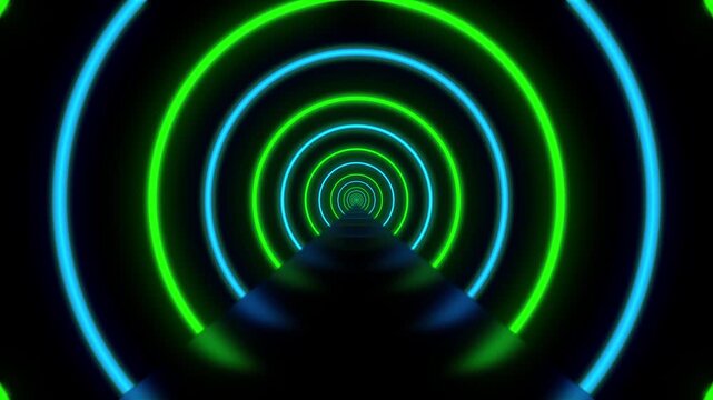 4 Green and Blue neon tunnel with a shiny reflective floor on a black background in a seamless loop. Triangle, circle, square and rectangle shapes.
