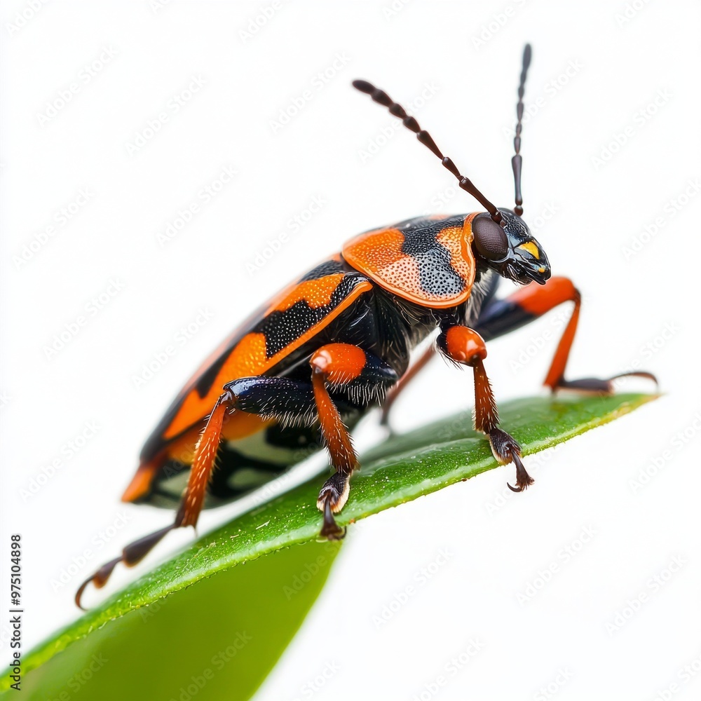 Poster close-up showcases a lygus bug resting on a bright green leaf, highlighting its intricate wing patte