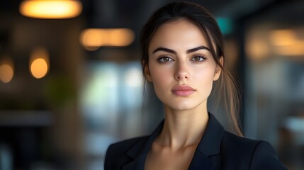 Obraz premium Close-up Portrait of a Woman with Brown Eyes and a Black Blazer