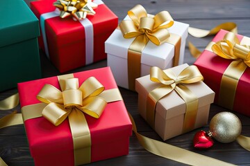 Obraz premium Beautifully Wrapped Gifts with Gold Ribbons and Bows for Christmas Birthdays and Valentine's Celebrations