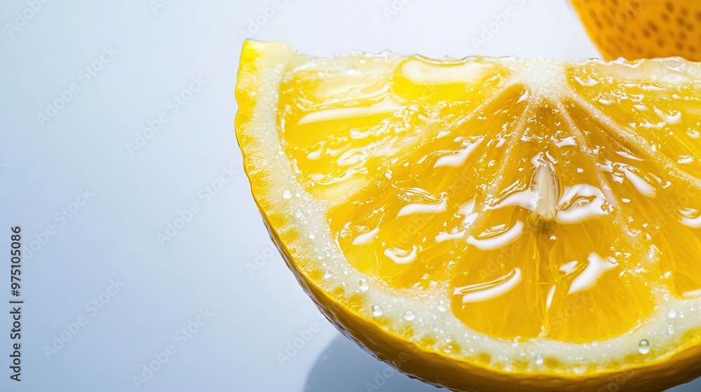 Poster a close-up photo of a lemon slice with water droplets on the upper and lower surfaces