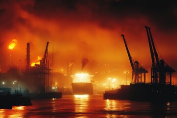 Obraz premium Dramatic night port scene with illuminated cranes and ship against fiery sky symbolizing industry