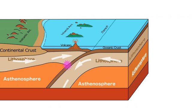 Earthquakes formation. Earth crust infographic, Fault line, asthenosphere, lithosphere, volcanoes anatomy, Island Arc, Oceanic Crust, trench formation. Earth structure. Geology Video footage