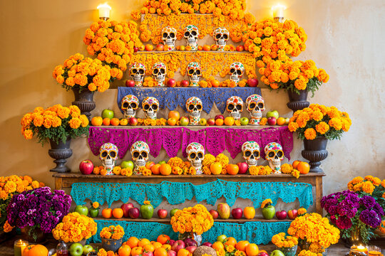 Day of the Dead tiered ofrenda altar with papel picado, marigolds, sugar skulls and fruit