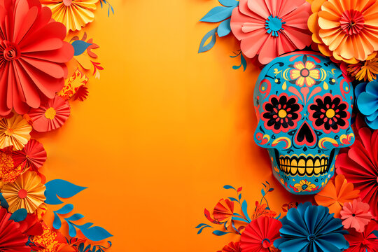 Day of the Dead cut paper sugar skull calaca on yellow orange background with copyspace, empty space