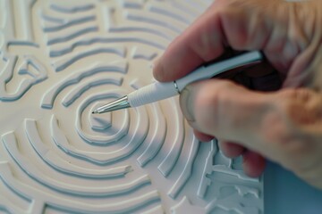 A detailed view of a hand tracing a maze, emphasizing focus and problem-solving.