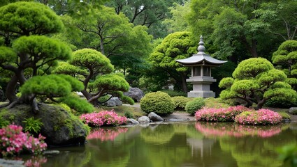 Fototapeta premium Tranquil Japanese garden with stone lantern bonsai trees and vibrant azaleas Pond reflects greenery