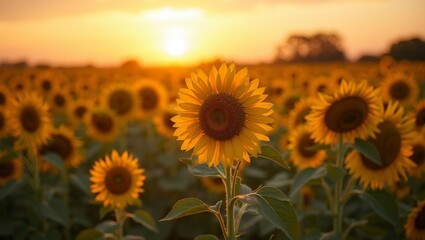Fototapeta premium Tranquil sunflower field at sunset with golden light and sunflowers facing the sun