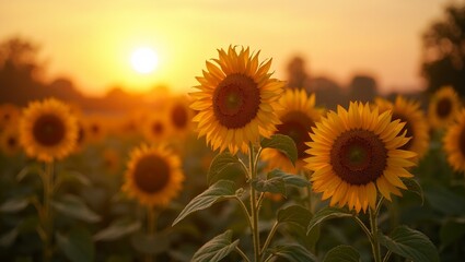 Fototapeta premium Tranquil sunflower field at sunset with golden light and sunflowers facing the sun
