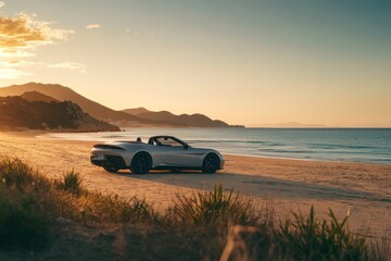 Fototapeta premium Award winning photography of a convertible sports car with beach background in spain