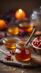 A cozy autumnal setting with a jar of honey, a honey dipper, and warm tones.

