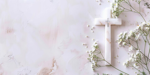 Elegant funeral invitation template with cross with floral elements and copy space