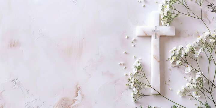 Elegant funeral invitation template with cross with floral elements and copy space