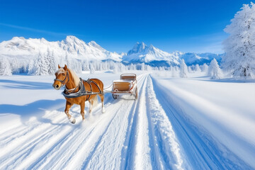 A horse pulls a wooden sleigh through a pristine, snow-covered landscape with snowy trees and majestic mountains in the background