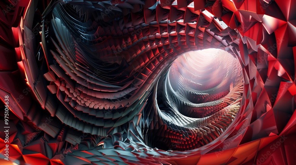 Poster abstract 3d red and black fractal pattern with swirling shapes and tunnel effect