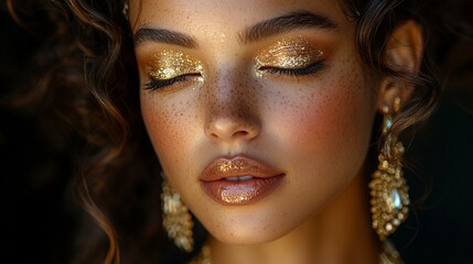 this Fashion model with golden makeup, hair, and jewelry against a black background.