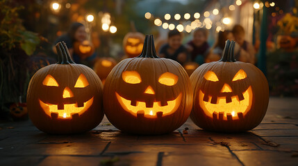 Illuminated Jack-o'-Lanterns Glow at a Family Event