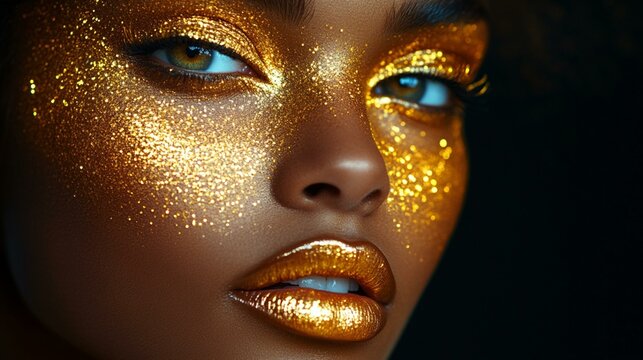 a Fashion model with golden makeup, hair, and jewelry against a black background.