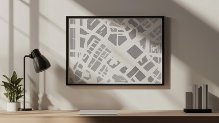 A modern city map, minimalist black and white design, clean lines and geometric shapes representing buildings and roads. The map is layered with light transparency, hovering above a sleek wooden desk.