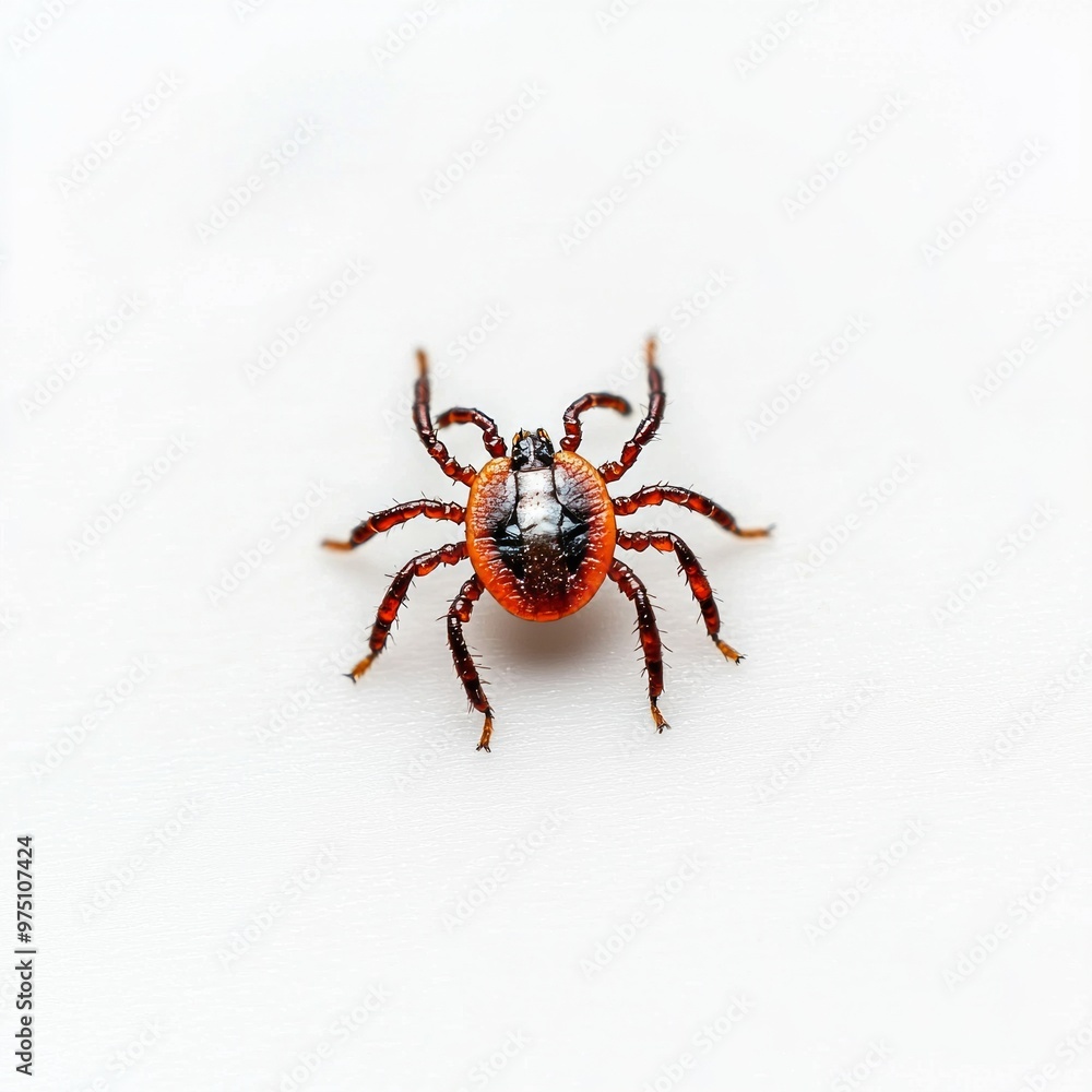 Poster tiny tick moves slowly across a pristine white surface, revealing its round body and extended legs. 