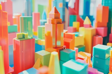 A vibrant and colorful miniature cityscape made of plastic blocks showcases various styles of futuristic skyscrapers and buildings.