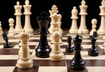 A chess board with white and black chess pieces, with the black king and pawns in the foreground and the white pieces in the background