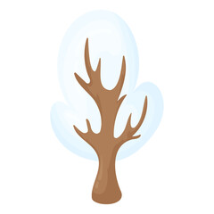 Simple vector illustration of a winter tree in the snow, isolated on a white background. Winter blue tree in cartoon flat style.