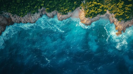 an Aerial view of sea waves crashing against a rocky coast in Montenegro.