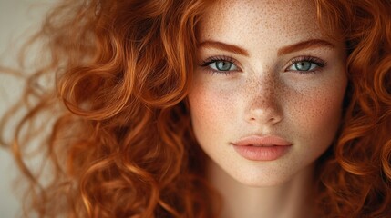 Naklejka premium the Beautiful model with long red curly hair, showcasing hair care and beauty products.