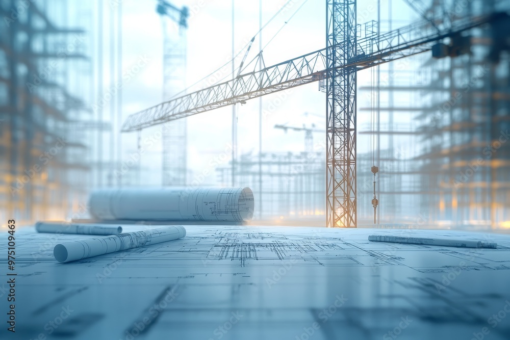 Poster construction project with blueprints and engineering tools against tower cranes background in 3d