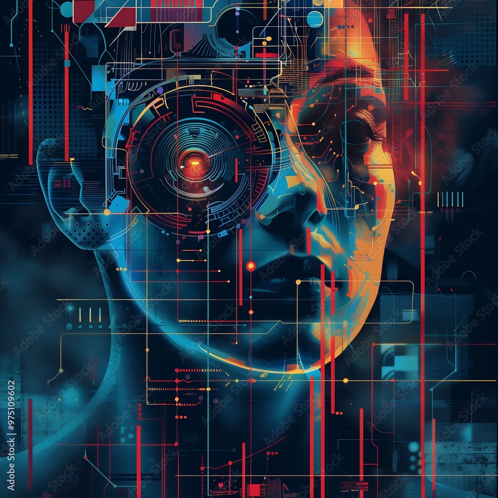 Poster abstract portrait of a cyborg with digital elements. concept of artificial intelligence, future tech