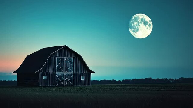 rural scene featuring a rustic barn under a bright full moon