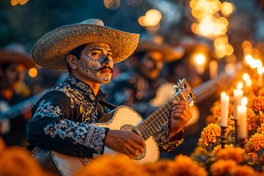 Mariachi guitarist musician with skull face paint performing in Day of the Dead cemetery with marigolds and candles, Mexican, night