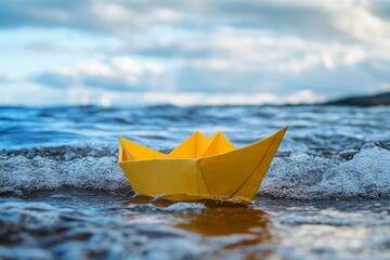 Yellow paper boat changing course  a symbol of leadership, vision, and seizing opportunities