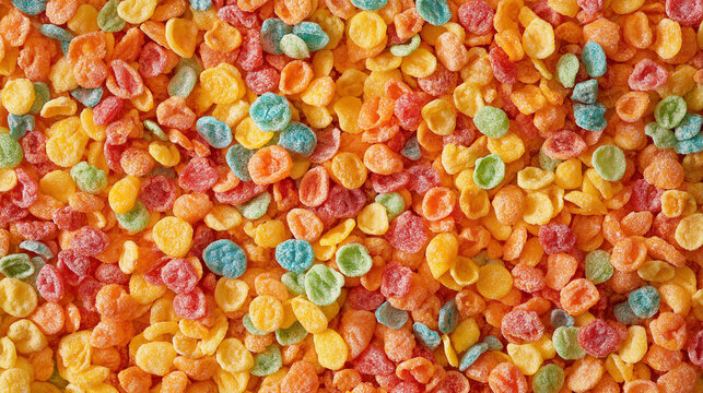 a seamless pattern of a close-up, high-resolution photograph, top-down view of fruity pebbles cereal, filling the entire frame with a focus on the intricate details of the elements