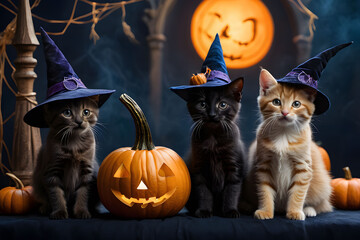 Cute Kittens in Witch Hats with Jack o Lantern for Halloween