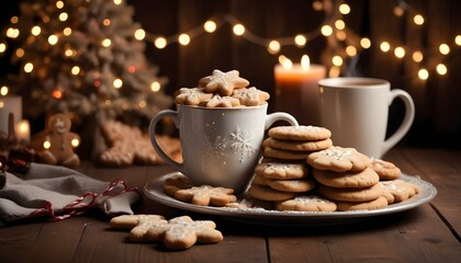 Fototapeta premium A plate of Christmas cookies next to a mug of hot chocolate with marshmallows, set on a rustic table. The scene evokes cozy holiday comfort and festive indulgence.