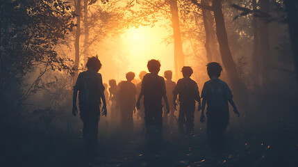 Fototapeta premium Kids Dressed as Zombies Wander Through a Misty Forest