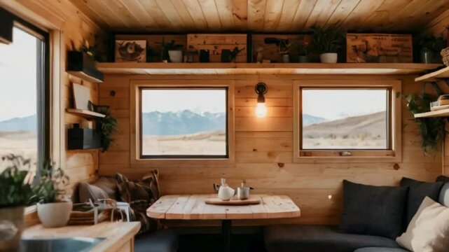 Tiny Home Kitchen with Wooden Cabinets, Black Stove, and Blue Countertop