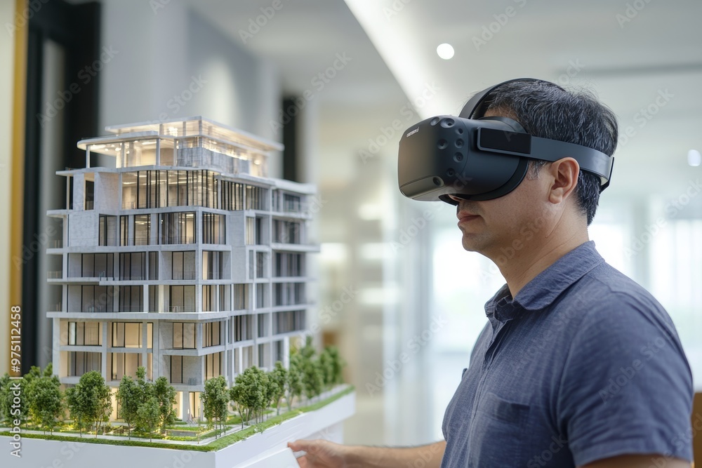 Poster architect engaged in virtual reality architecture for innovative house construction design testing