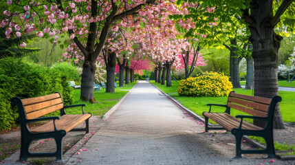 A picturesque park pathway flanked by blooming cherry trees and green lawns, with benches on either side under the floral canopy.