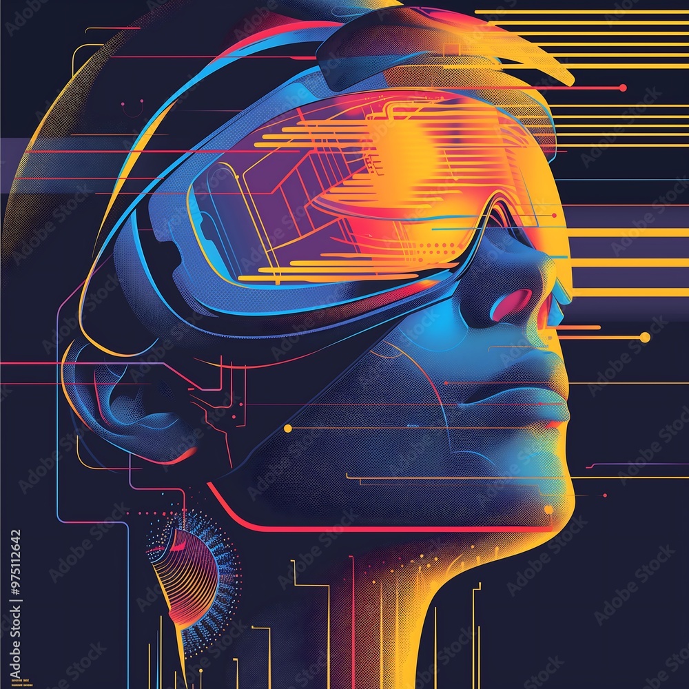 Poster Futuristic Woman Wearing VR Headset, Abstract Digital Art, Neon Colors, Technology