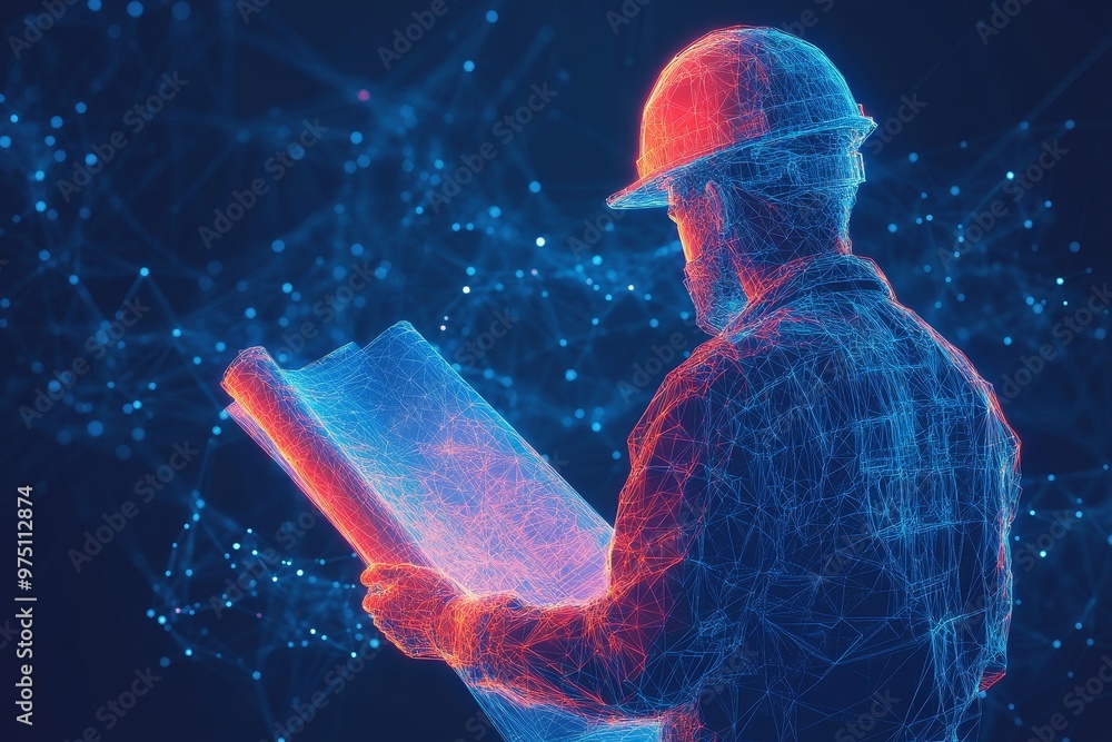 Poster engineer in hard hat reviewing blueprints with abstract 3d gas vector illustration background