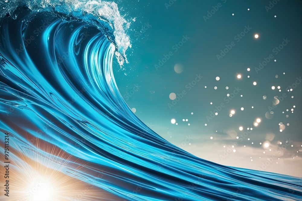 Poster vibrant azure fluid waves with radiant abstract background and twinkling luminescence
