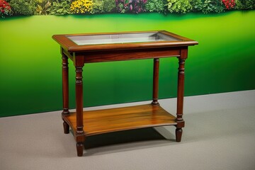 Charming Wooden Display Table Against a Vibrant Green Scene