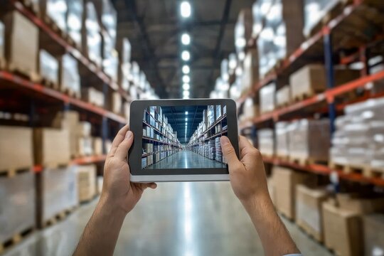 Worker utilizing smart augmented reality tablet for efficient warehouse management system