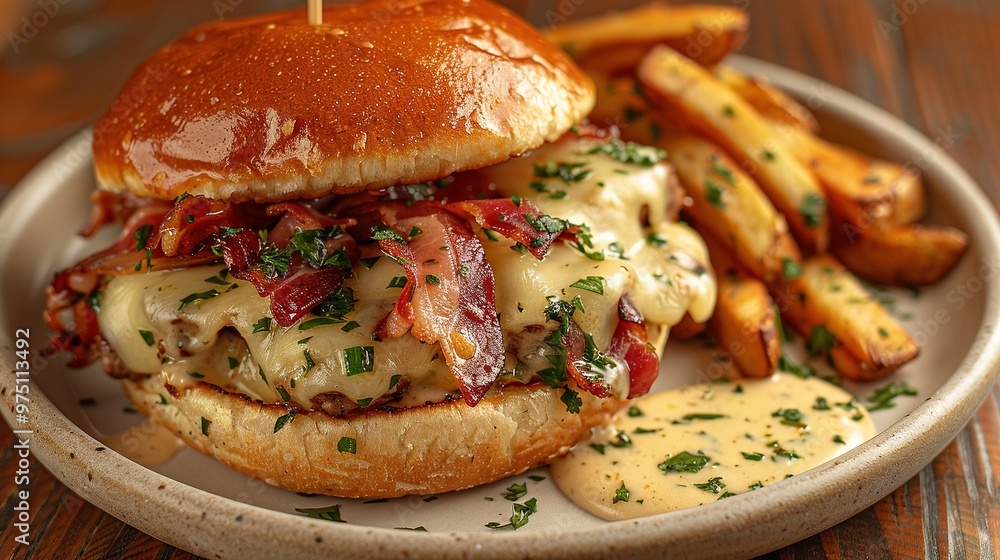 Sticker   Close-up of a plate with a sandwich and fries on a wooden table