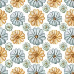 Obraz premium Seamless pumpkin pattern. Hand drawn botanical watercolor texture with blue and yellow pumpkins. Isolated on white. 