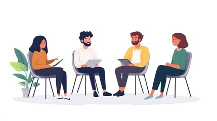 Four People Sitting in Chairs Holding Tablets and Looking at Each Other